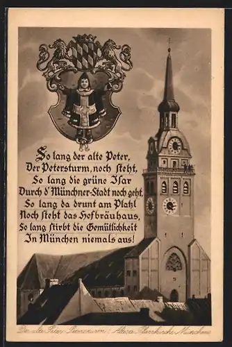 AK München, der alte Peter (Petersturm), älteste Pfarrkirche der Stadt, Wappen