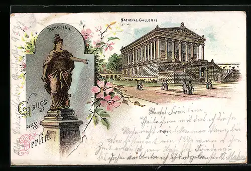 Lithographie Berlin, Berolina-Statue und National-Galerie