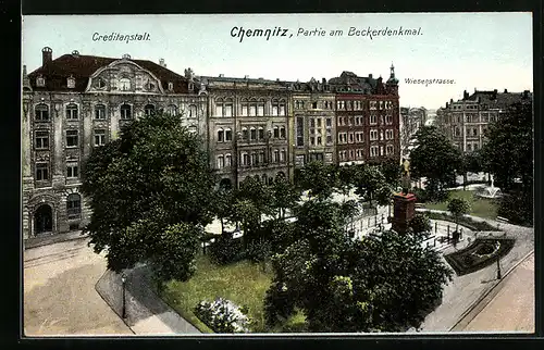 AK Chemnitz, Wiesenstrasse und Beckerplatz mit Becker-Denkmal und Kreditanstalt