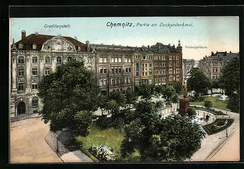 AK Chemnitz, Partie am Beckerdenkmal, Wiesenstrasse, Creditanstalt