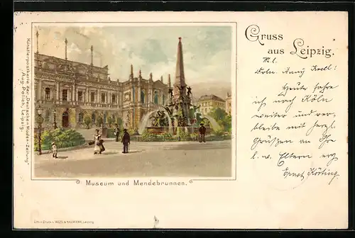 Passepartout-AK Leipzig, Partie am Museum mit Mendebrunnen