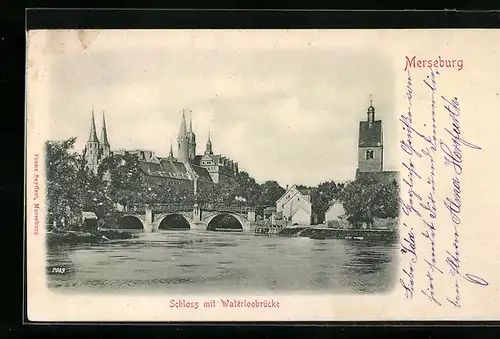 Relief-AK Merseburg, Schloss mit Waterloobrücke