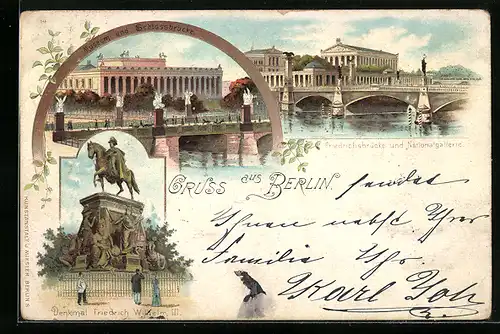 Lithographie Berlin, Friedrichsbrücke und Nationalgallerie, Museum und Schlossbrücke