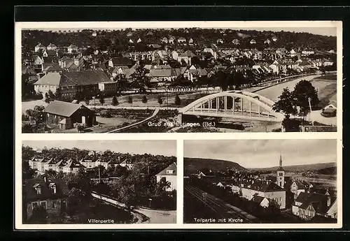 AK Eutingen / Baden, Ortsansicht mit Brücke, Villenpartie und Blick zur Kirche