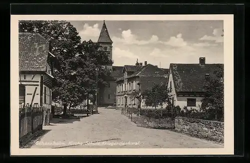 AK Scherzheim, Strassenansicht mit Kirche, Schule und Kriegerdenkmal