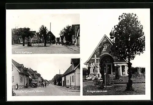 AK Oetigheim / Baden, Beim Rathaus, Kriegerdenkmal, Strassenpartie mit Gebäudeansicht