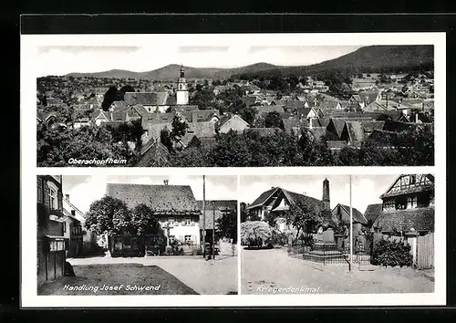 AK Oberschopfheim, Handlung Josef Schwend, Kriegerdenkmal, Totalansicht
