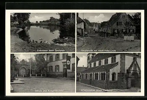 AK Forchheim /Kreis Freiburg, Schule und Kriegerdenkmal mit , Hauptstrasse mit Linde