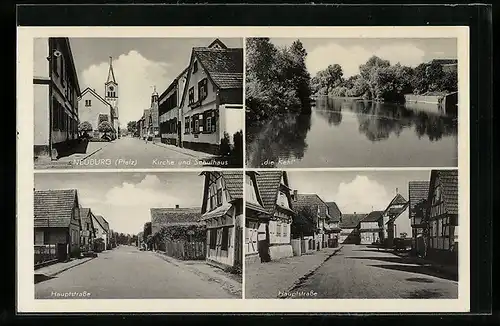 AK Neuburg /Pfalz, Hauptstrasse, die Kehl, Strassenpartie mit Kirche und Schule