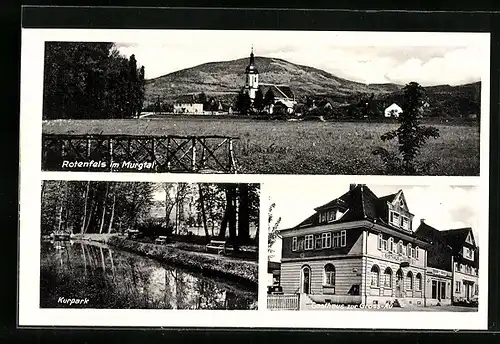 AK Rotenfels / Murgtal, Ortsansicht mit Kirche, Kurpark und Gasthaus zur Gross-Au