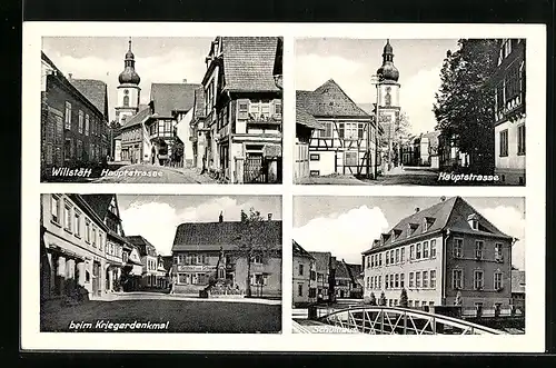 AK Willstätt, Hauptstrasse, Kriegerdenkmal & Schulhaus