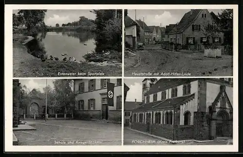 AK Forchheim /Kreis Freiburg, Schule und Kriegerdenkmal mit , Hauptstrasse mit Linde