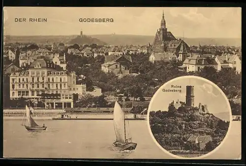 AK Godesberg, Blick über den Rhein zum Ort, Ruine Godesberg