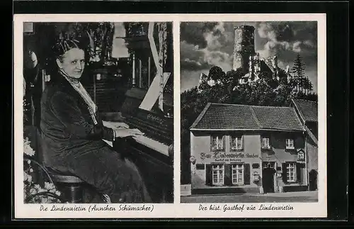 AK Godesberg, Lindenwirtin (Aennchen Schumacher) am Klavier, Gasthof zur Lindenwirtin, Godesburg