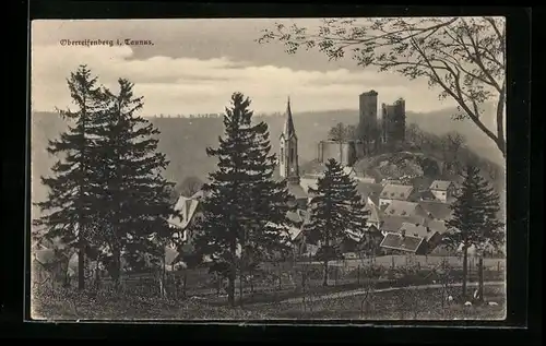 AK Oberreifenberg / Taunus, Ortsansicht mit Kirchturm und Burgruine