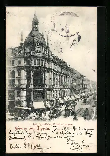 AK Berlin, Strassenbahn Leipziger Ecke Friedrichstrasse