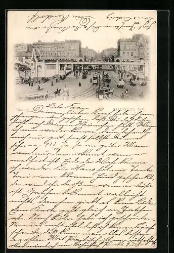 AK Berlin-Kreuzberg, Hallesches Tor mit Hochbahn und Strassenbahn