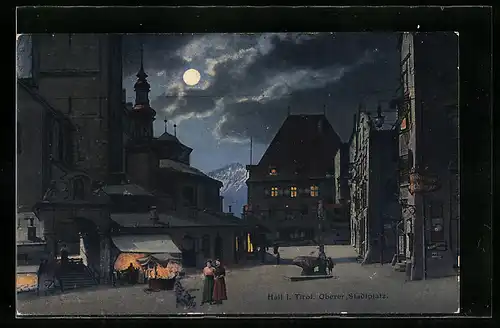 AK Hall, Oberer Stadtplatz mit Brunnen