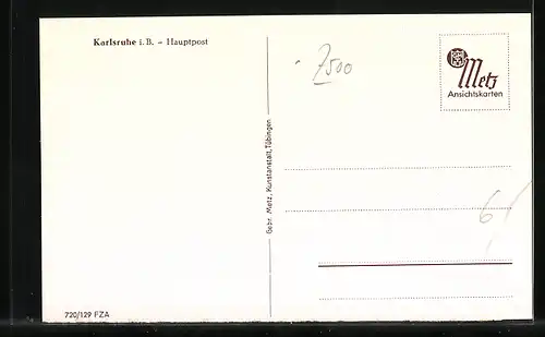 AK Karlsruhe i. B., Strassenbahn vor der Hauptpost