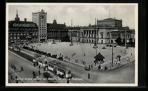 AK Leipzig, Strassenbahnen am Augustusplatz mit Neuem Theater und Hochhaus