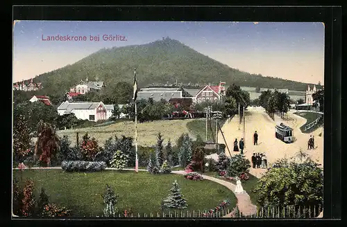 AK Görlitz, Teilansicht mit Gasthaus Landeskrone, Strassenbahn