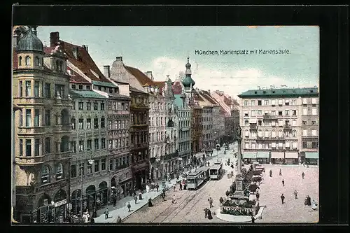 AK München, Marienplatz m. Mariensäule & Strassenbahn