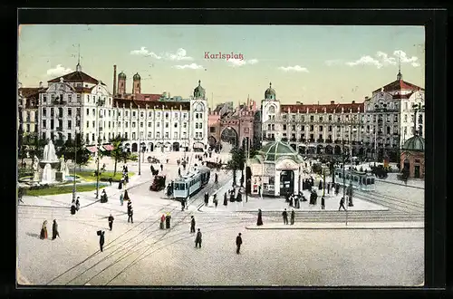 AK München, Strassenbahnen auf dem Karlsplatz