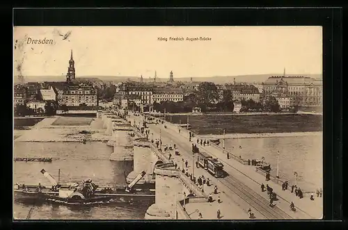 AK Dresden, Strassenbahn auf der König Friedrich August-Brücke