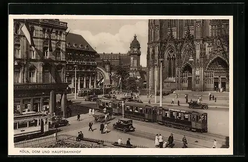 AK Köln, Strassenbahn vor dem Dom, Restaurant Meyer