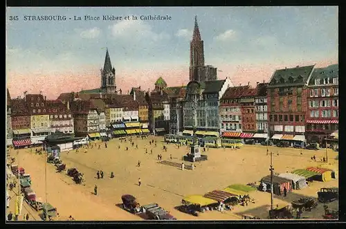AK Strasbourg, La Place Klèber et la Cathèdrale, Strassenbahn