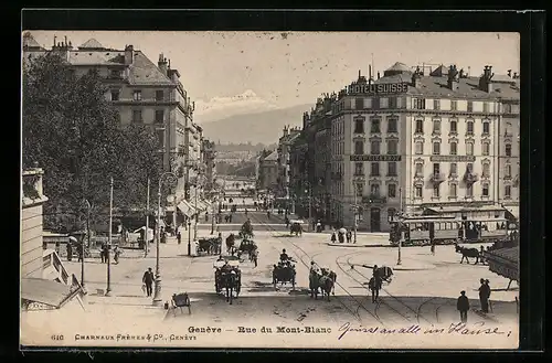 AK Genève, Rue du Mont-Blanc, Strassenbahn
