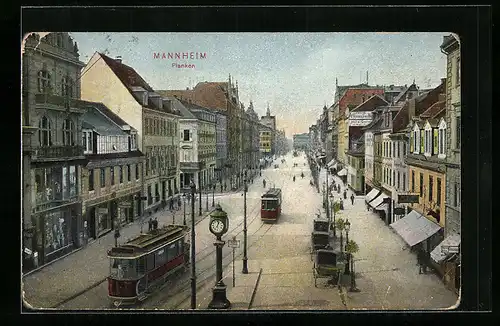 AK Mannheim, Strassenbahnen in Planken mit Geschäften