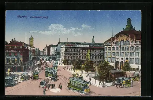 AK Berlin, Alexanderplatz mit Geschäften und Zahn-Klinik, Strassenbahn