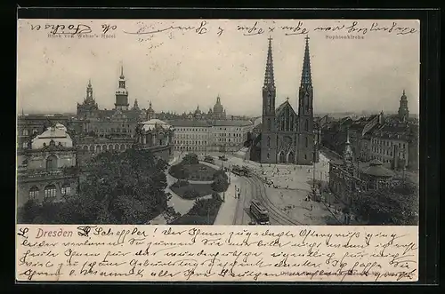 AK Dresden, Blick von Weber`s Hotel auf Strassenbahnen und Sophienkirche