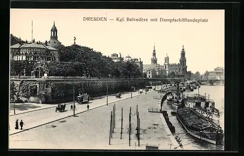 AK Dresden, Strassenbahn am Kgl. Belvedère mit Dampfschifflandeplatz