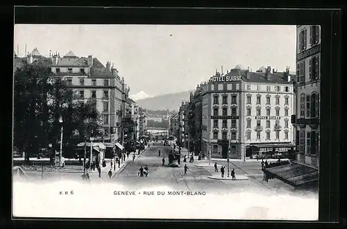 AK Genève, Rue du Mont-Blanc, Strassenbahn