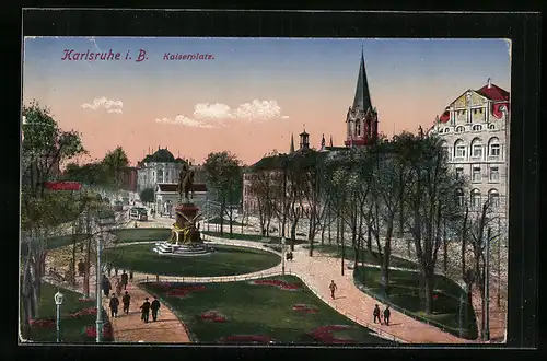 AK Karlsruhe i. B., Blick auf den Kaiserplatz mit Statue