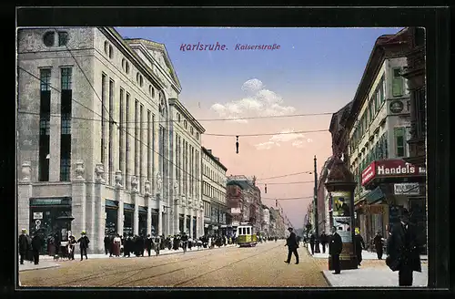 AK Karlsruhe i. B., Strassenbahn auf der Kaiserstrasse, Warenhaus Knopf