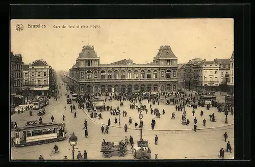 AK Bruxelles, Gare du Nord et place Rogier, Strassenbahn