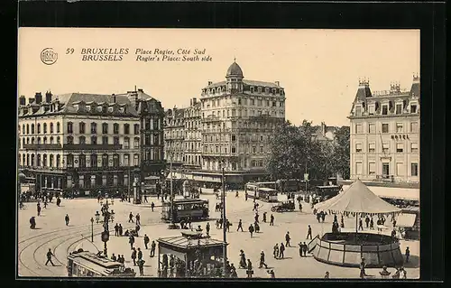 AK Bruxelles, Place Rogier, Côté Sud, Strassenbahn