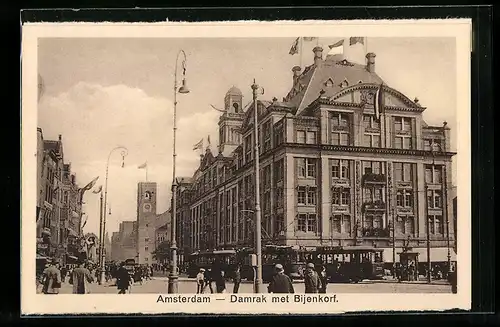 AK Amsterdam, Damrak met Bijenkorf, Strassenbahn