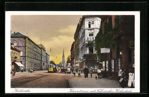 Lithographie Karlsruhe, Ansicht der Kaiserstrasse mit der technischen Hochschule