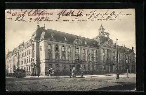 AK Karlsruhe, Strassenbahn vor der Hauptpost