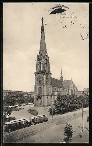 AK Karlsruhe, Bernhardus-Kirche mit Strassenbahn