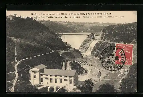 AK Montlucon, Barrage sur le Cher a Rochebut, Vue D`Ensemble des Batiments et de la Digue