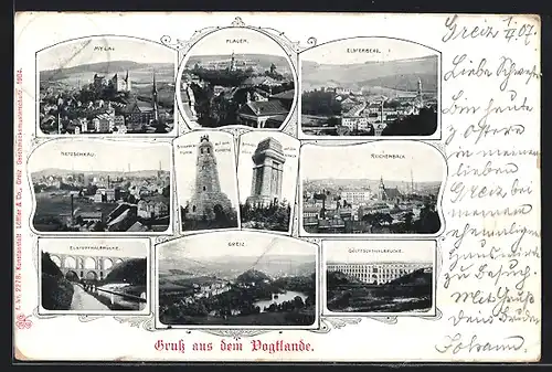 AK Mylau, Ortsansicht, Bismarck-Turm, Greiz