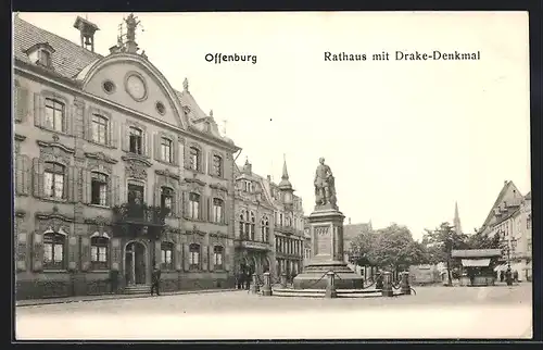 AK Offenburg, Rathaus mit Drake-Denkmal