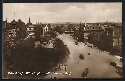 AK Düsseldorf, Wilhelmplatz mit Hauptbahnhof aus der Vogelperspektive