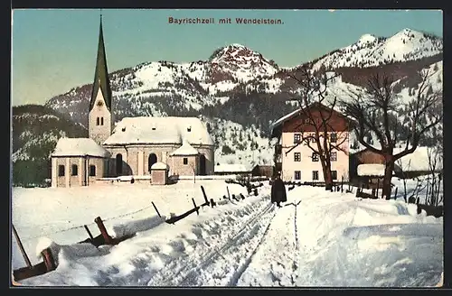 AK Bayrischzell, Teilansicht im Winter mit Wendelstein