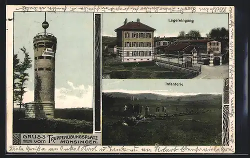 AK Münsingen in Wttbg., Truppenübungsplatz, Turm Falkenhausen, Lagereingang, Infanterie im Felde